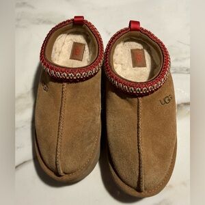 UGG Chestnut Suede Slip-On Shearling Mules with Red Trim